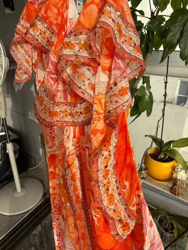 Camilla — Embellished Ruffle Dress, Orange Floral — S | Julia Raskin Style - Image 3