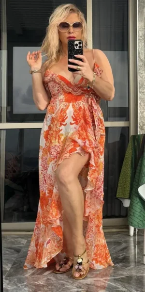 Camilla — Embellished Ruffle Dress, Orange Floral — S | Julia Raskin Style