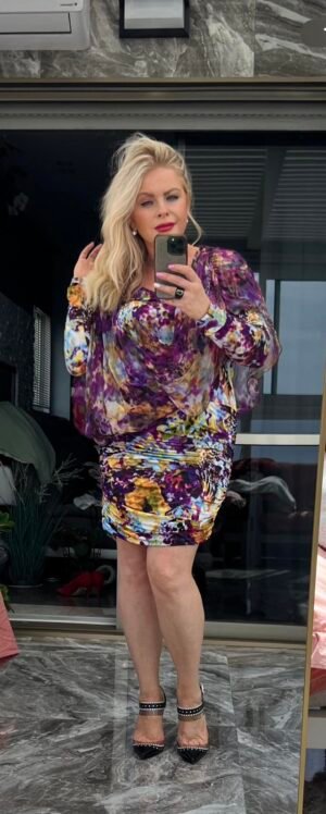 Orna Farho (Paris) — шифоновое платье с драпировкой, абстрактный принт (multi), размер M–L — 550 ₪ | Orna Farho — שמלת שיפון דרייפית בהדפס אבסטרקט (multi), מידה M–L — ‎550 ₪ | Julia Raskin Style