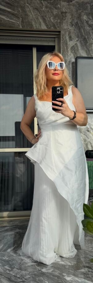 Белое платье Adrianna Papell с асимметричной драпировкой и плиссированной юбкой, размер M–L, 600 ₪