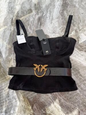 Чёрный джинсовый корсет-топ Pinko с поясом Love Birds, размер S, 450 ₪.