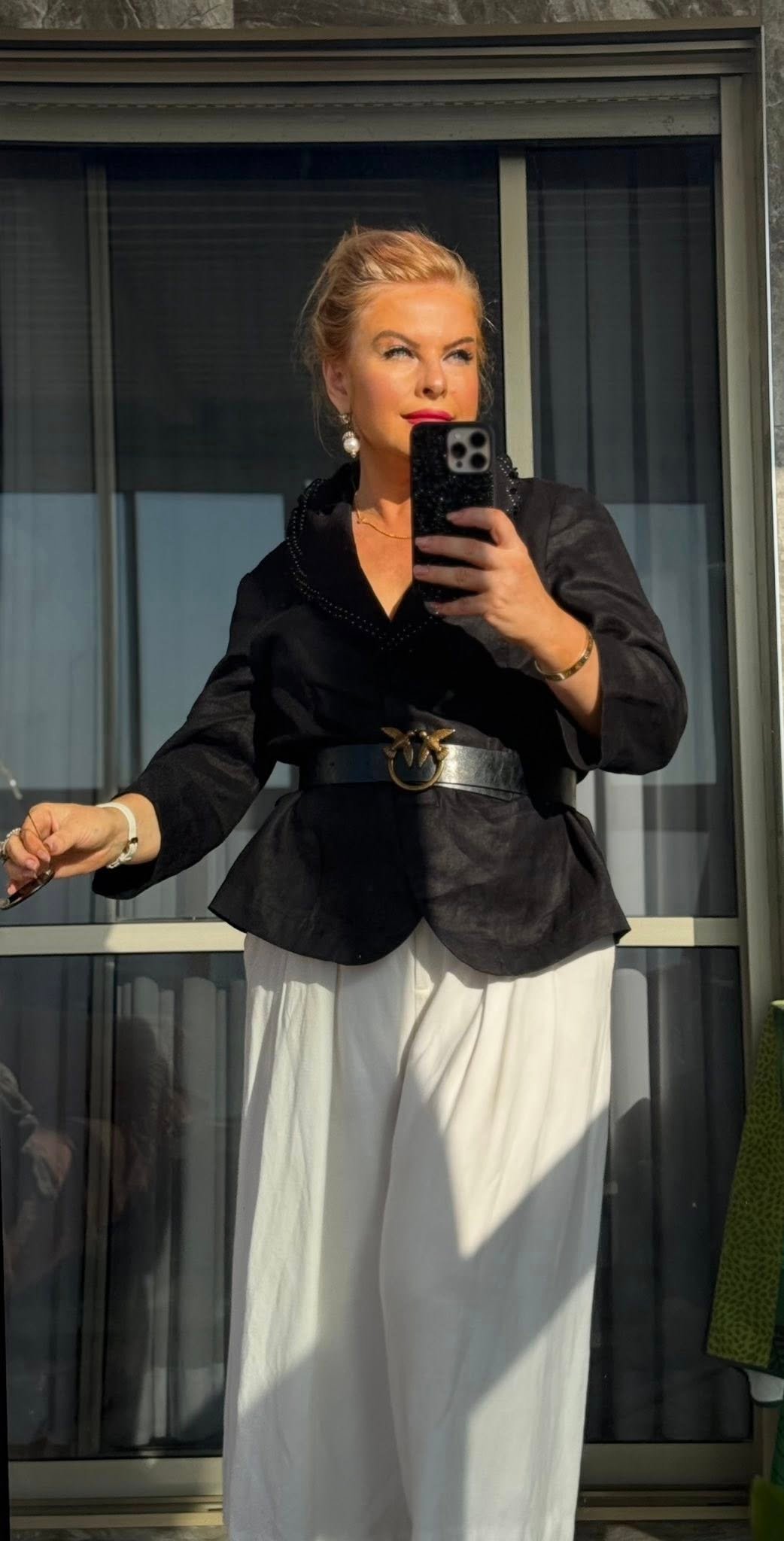 Чёрный льняной пиджак Sixth Sense c декоративным лацканом, размер L, 300 ₪ (включая почту).