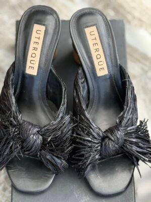 UTERQÜE, мюли чёрные с бантом, каблук под дерево, размер 37