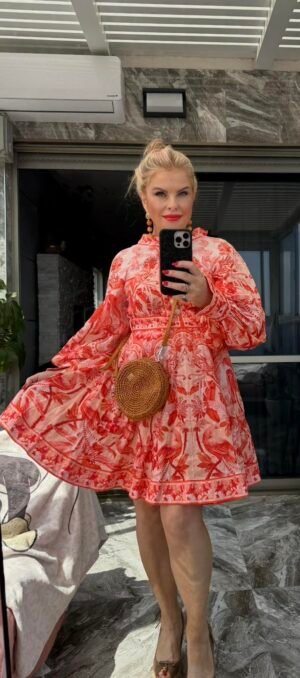 Zimmermann платье с длинным рукавом — вид спереди, корралово-красный принт