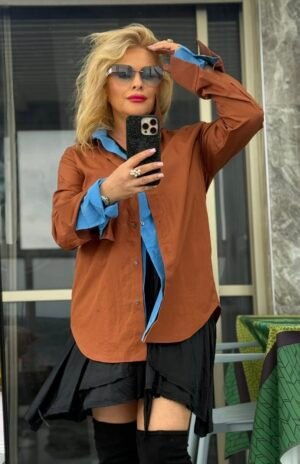 Женская рубашка №21 с синим и коричневым комбинированным дизайном