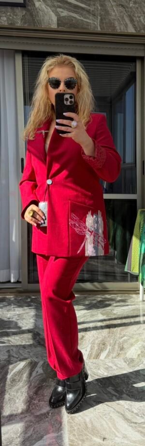 Бордовый костюм со стрекозой на модели, полный вид